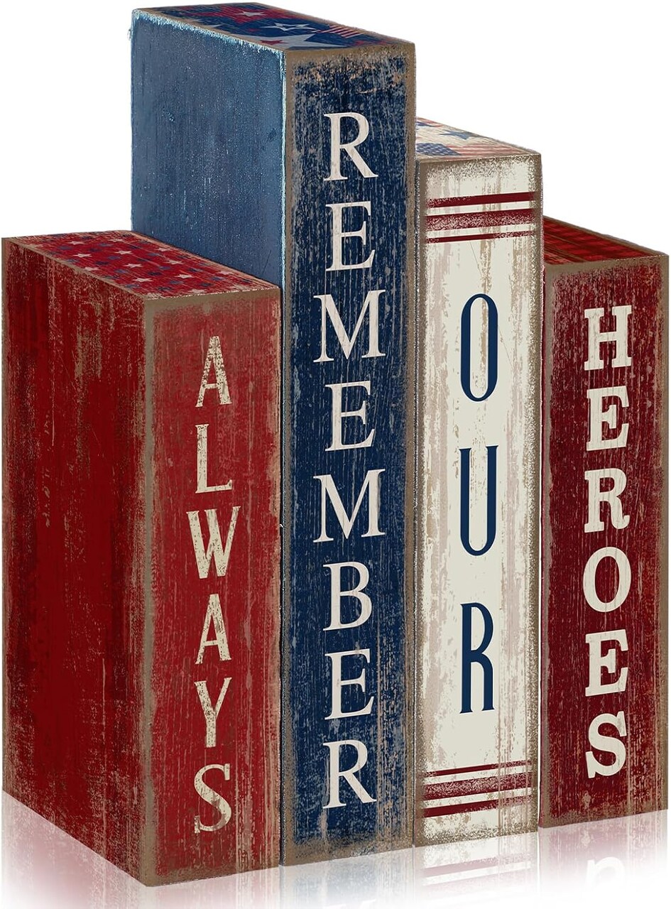 4th of July Tabletop Decorations, 4 Pcs Patriotic Wooden Block Signs – “Always Remember Our Heroes” Red White Blue Tiered Tray & Shelf Decor for Memorial Day, Independence Day & 250th Anniversary